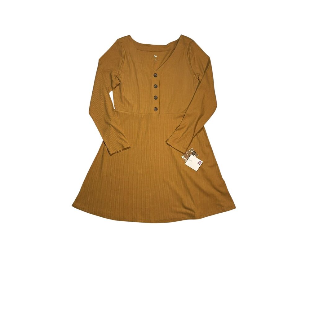SO Ribbed Henley Button Front Long Sleeve Fit & Flare Dress XL